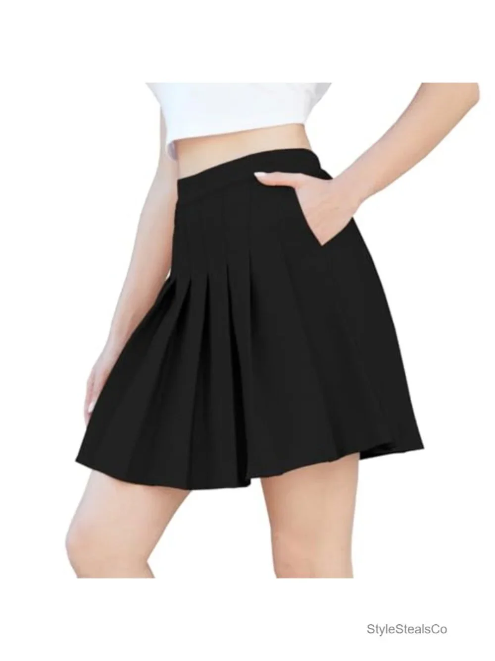 Pleated Skater Skirt High Waist Elastic Waist Zip Pockets Uniform Casual